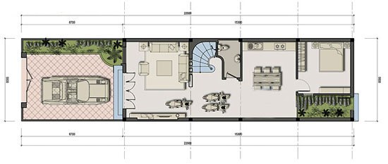 Bản thiết kế nhà 4m x 20m có 2 tầng và gara để xe